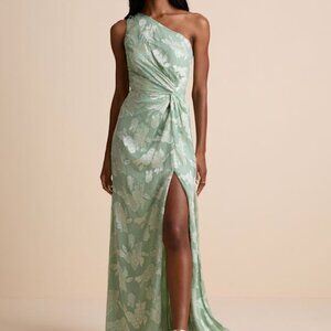Lulus Renni Sage Green Floral Jacquard One-shoulder Maxi Dress - Size L